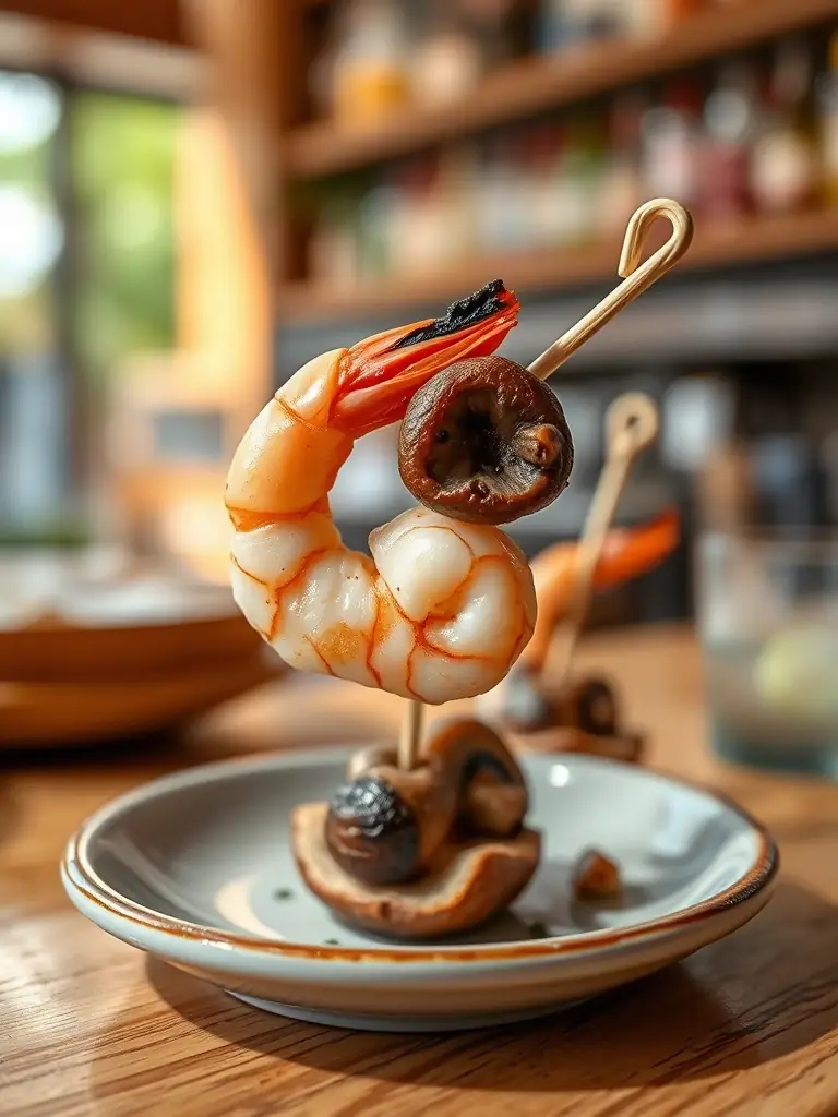 A visually appealing shot of a mushroom and shrimp pintxo, highlighting the earthy and savory flavors, ideal for showcasing the variety of pintxos available at Bar Txutxi.