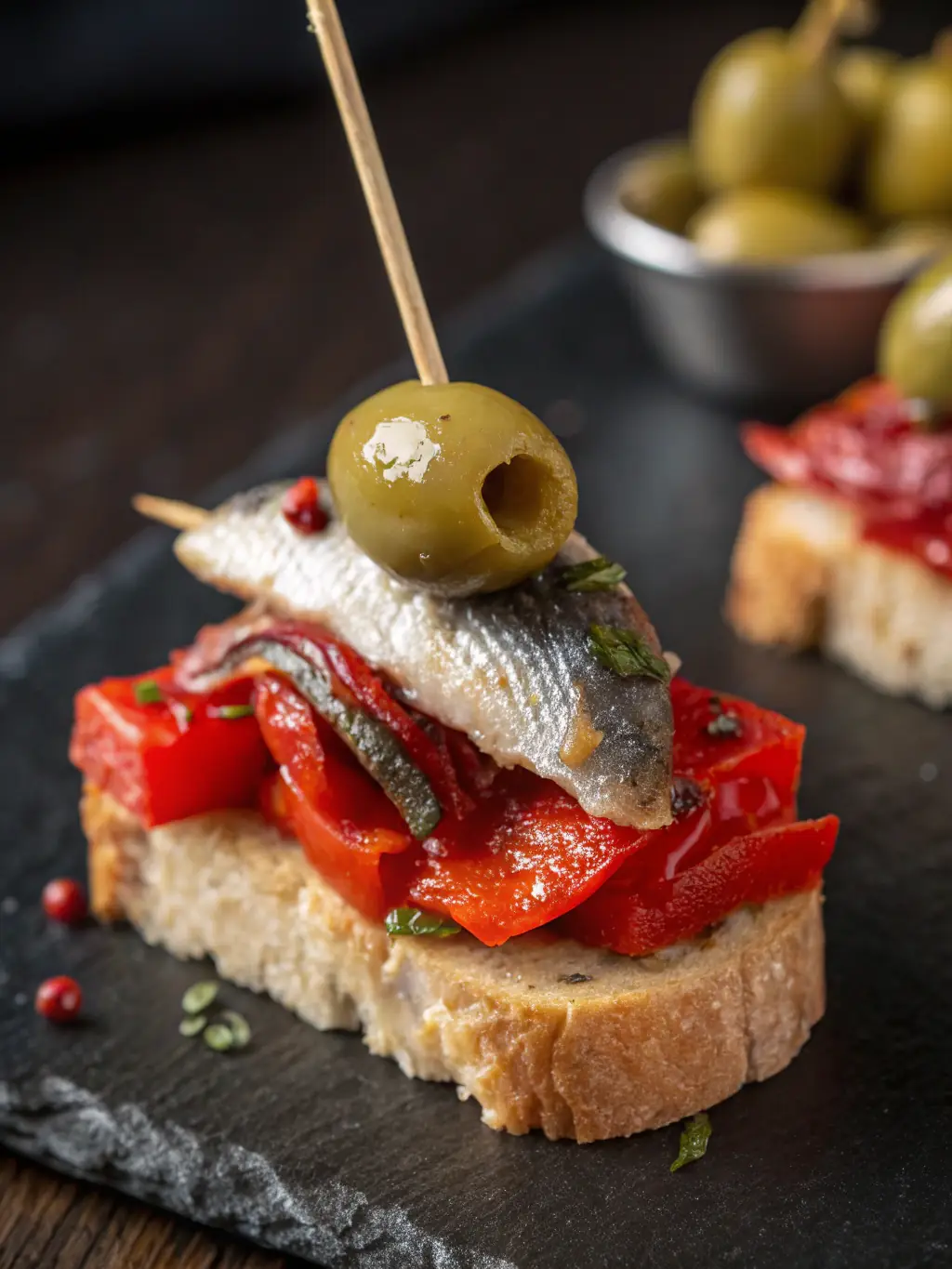 A close-up shot of a Gilda pintxo, showcasing the olive, pepper, and anchovy on a skewer, highlighting its vibrant colors and textures.