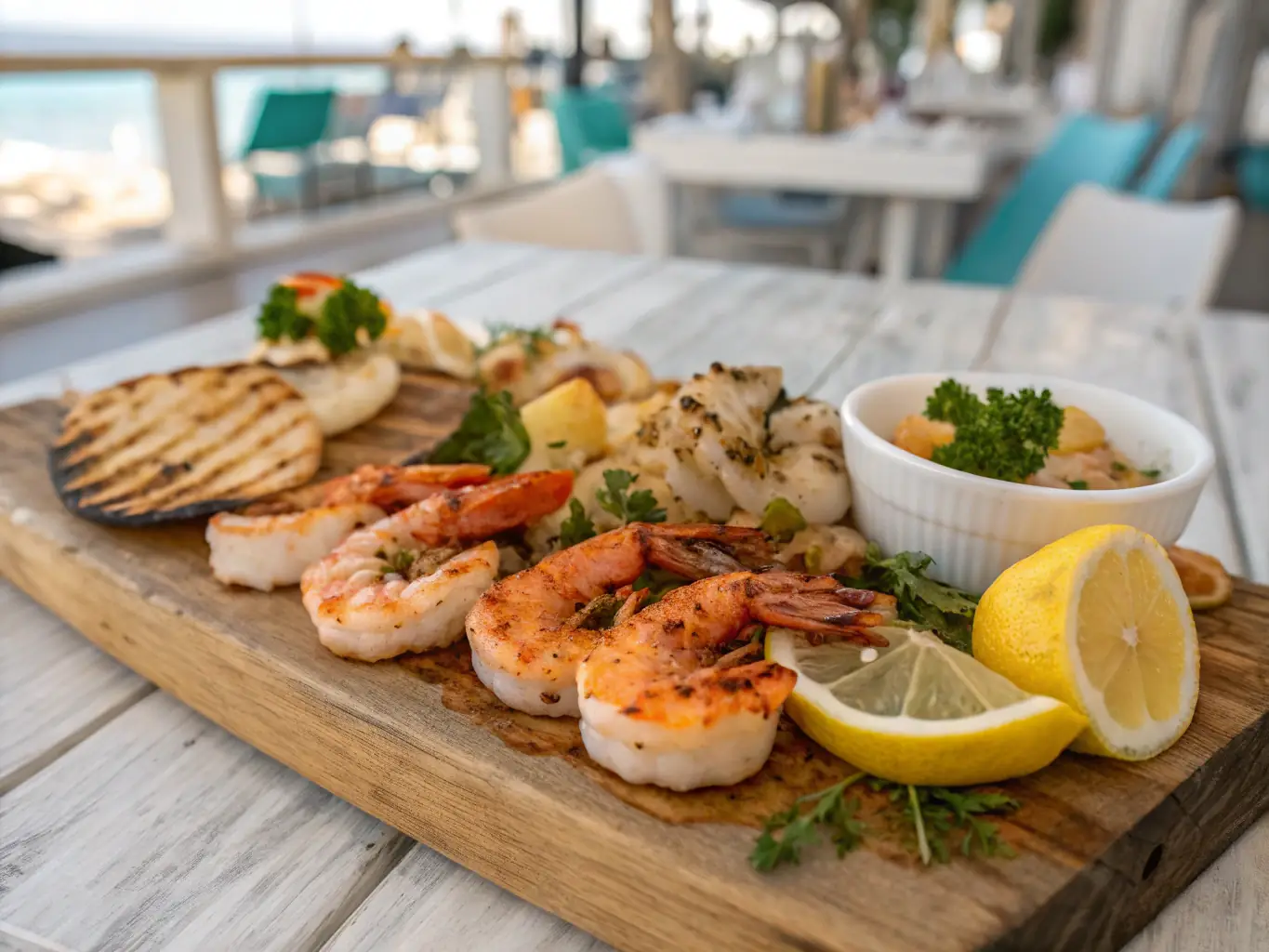 A vibrant image of a 'Seafood Combination' plate, showcasing grilled prawns, calamari, and mussels, garnished with lemon wedges and parsley in Bar Txutxi.