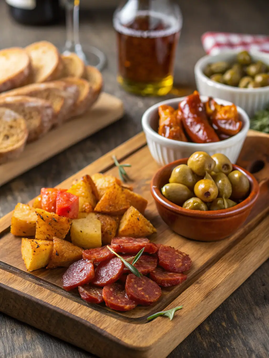 An image of a plate of assorted pintxos, featuring different toppings and bread bases, arranged artfully on a rustic wooden board.