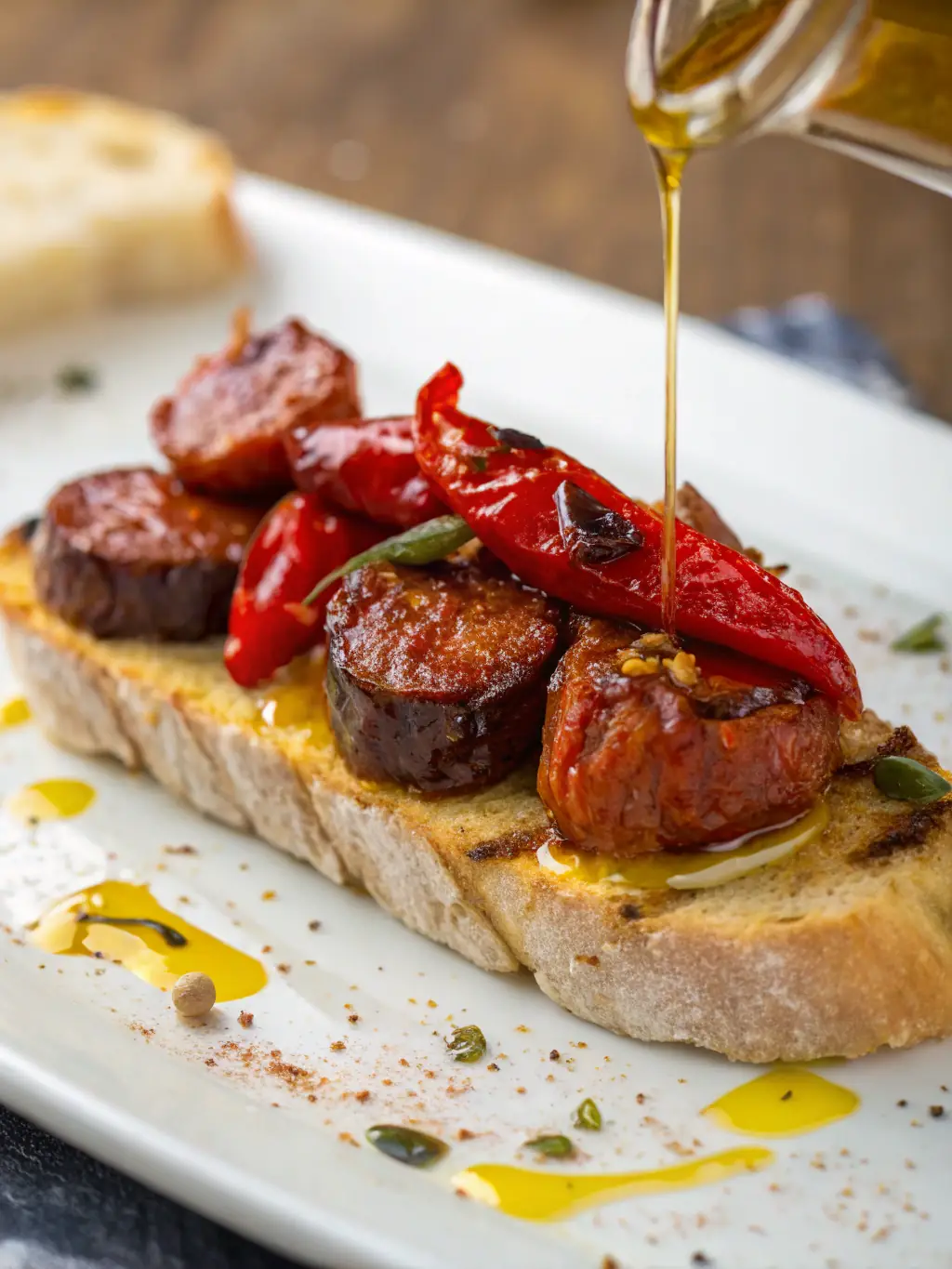 A close-up shot of a Txistorra pintxo, highlighting the grilled sausage and crusty bread, with a smoky aroma seemingly emanating from the image.